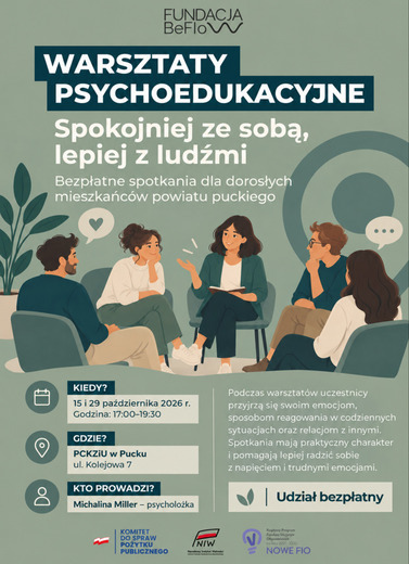 Bezpłatne warsztaty psychoedukacyjne &bdquo;Spokojniej ze sobą, lepiej z ludźmi&rdquo; w Pucku