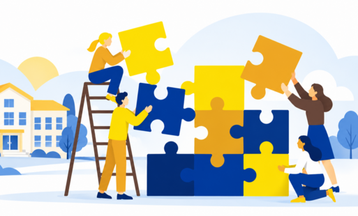 obraz poglądowy - ludziki budują coś z puzzli