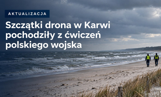 Grafika informacyjna z napisem „Aktualizacja. Szczątki drona w Karwi pochodziły z ćwiczeń polskiego wojska”, przedstawiająca pochmurną plażę i dwóch funkcjonariuszy służb.